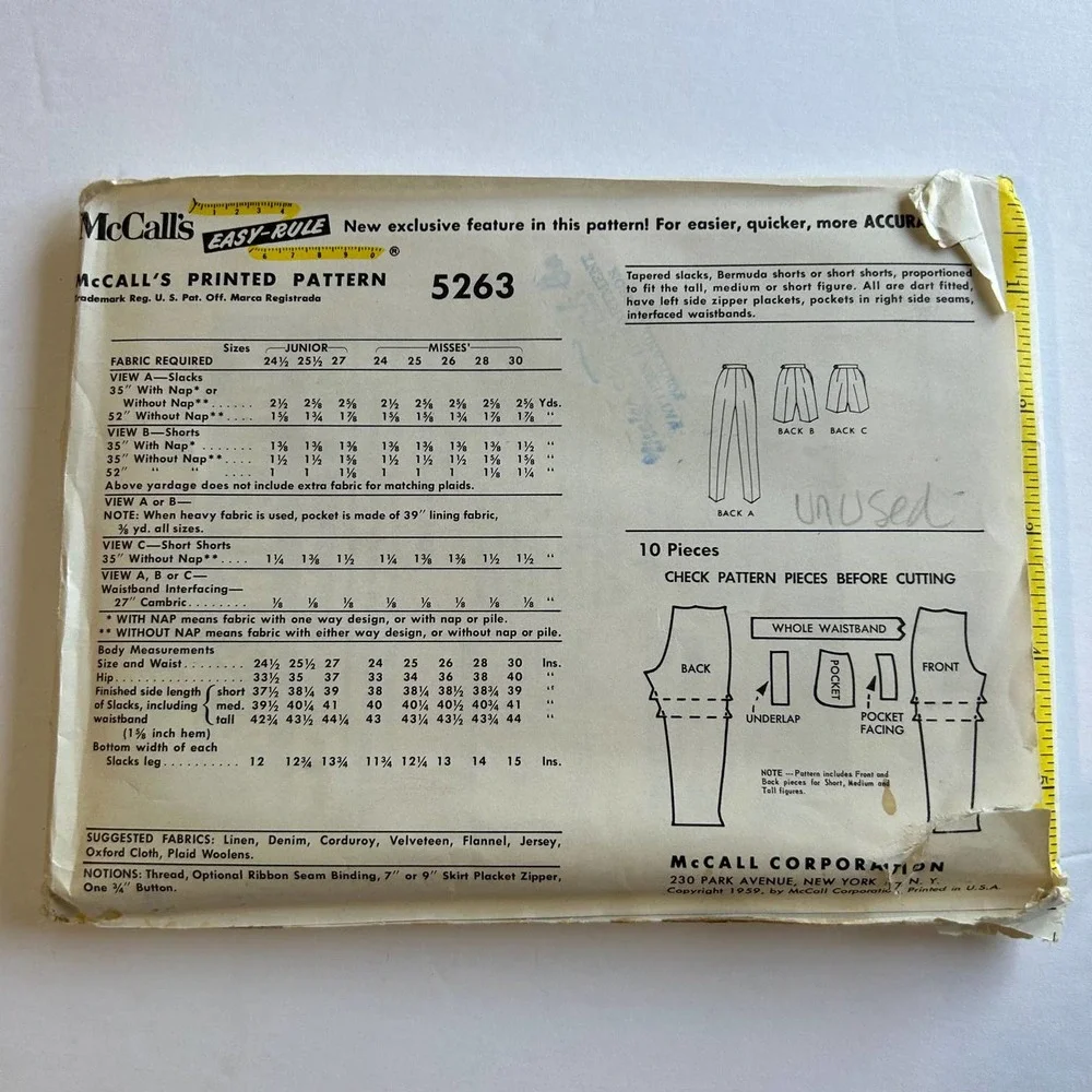 McCalls Vintage 1950's Pattern‎ #5263 Slacks Shorts Waist 26 Hips 36